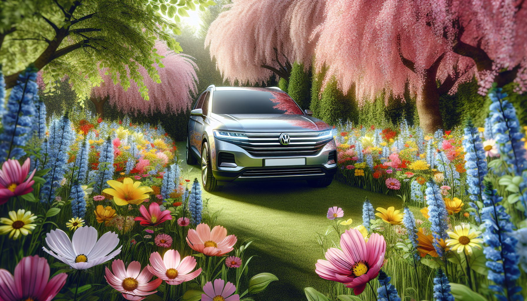 Car with pristine windshield in spring setting, blooming flowers in background