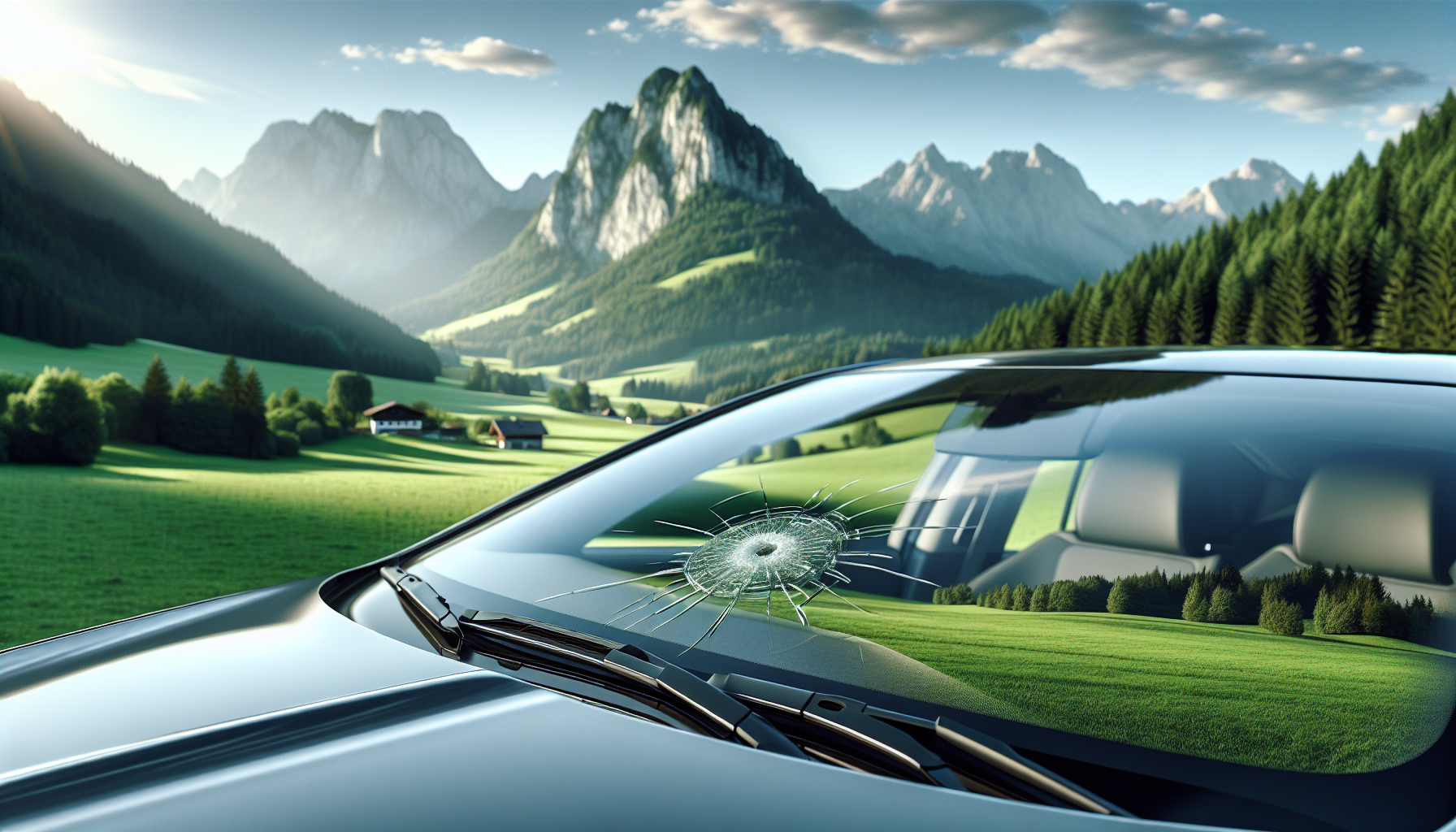 Nahaufnahme einer Autoscheibe mit kleinem Steinschlag in bayerischer Frühlingslandschaft